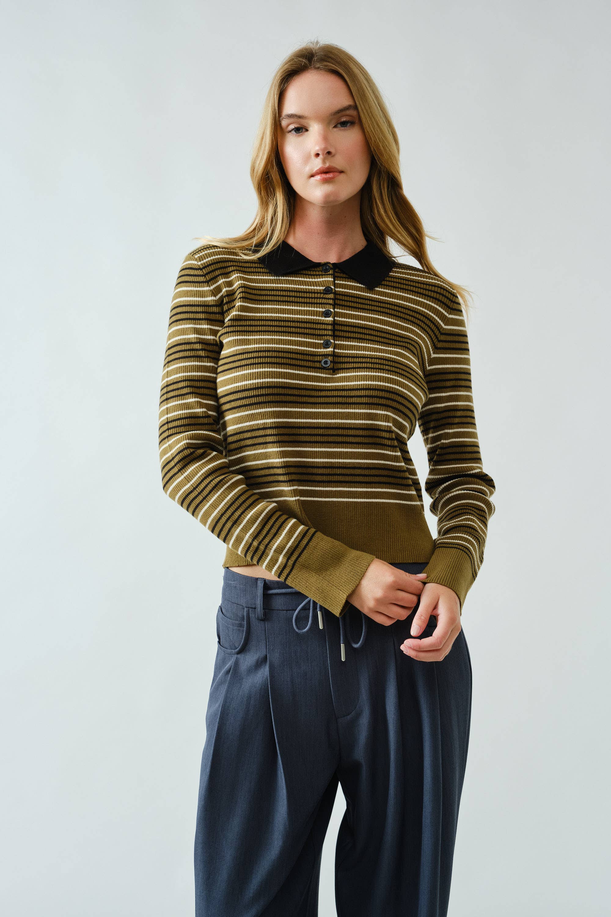 Aaron & Amber - Wholesale Polo - Women's - AJT5193 TIMELESS STRIPED POLO SWEATER TOP7