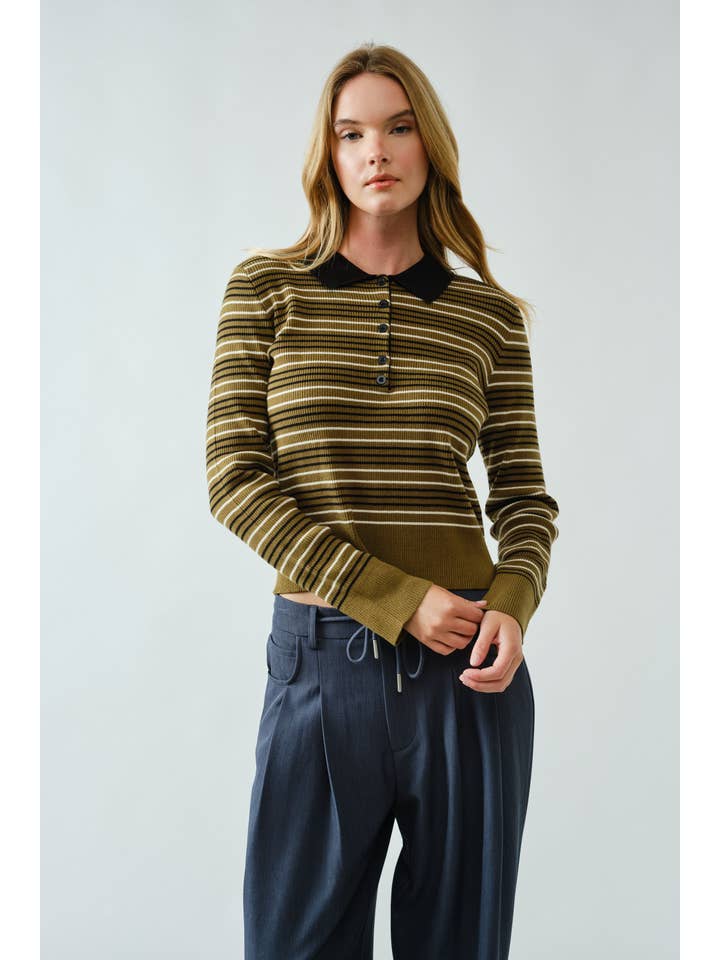 Aaron & Amber - Wholesale Polo - Women's - AJT5193 TIMELESS STRIPED POLO SWEATER TOP7