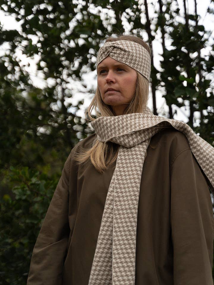 Oat Houndstooth Scarf for wholesale by Hilary Jane Keyes