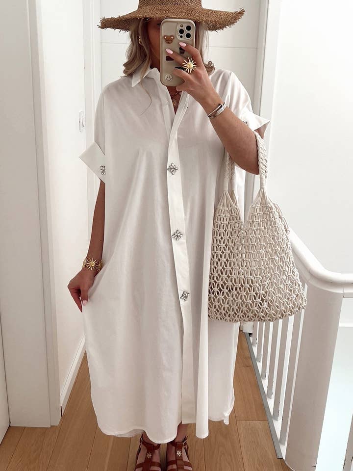 Camisa Vestido Midaxi Oversized Celeste Diamante - Marfim por atacado de Catwalk Wholesale