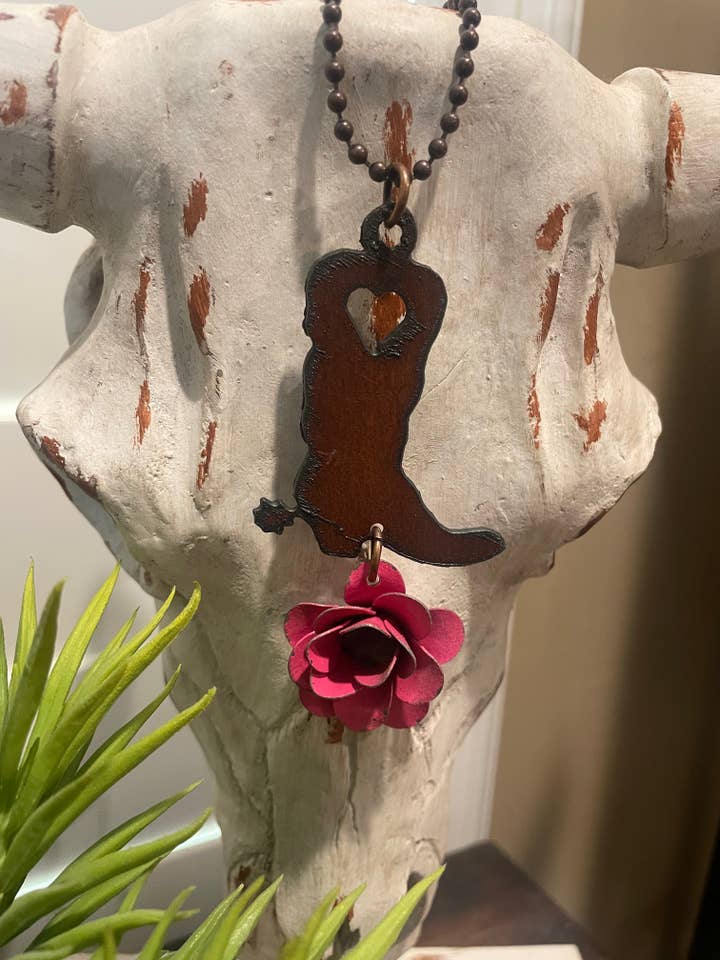 Rustic BOOT heart with painted metal flower necklace for wholesale by The Rustic Barn