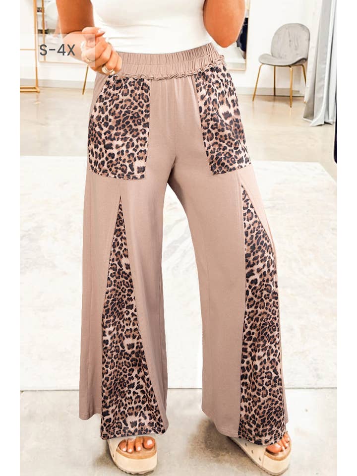 Straw Yellow Mineral Wash Leopard Plus Size Wide Leg Pants (S-4X) for wholesale on Faire8