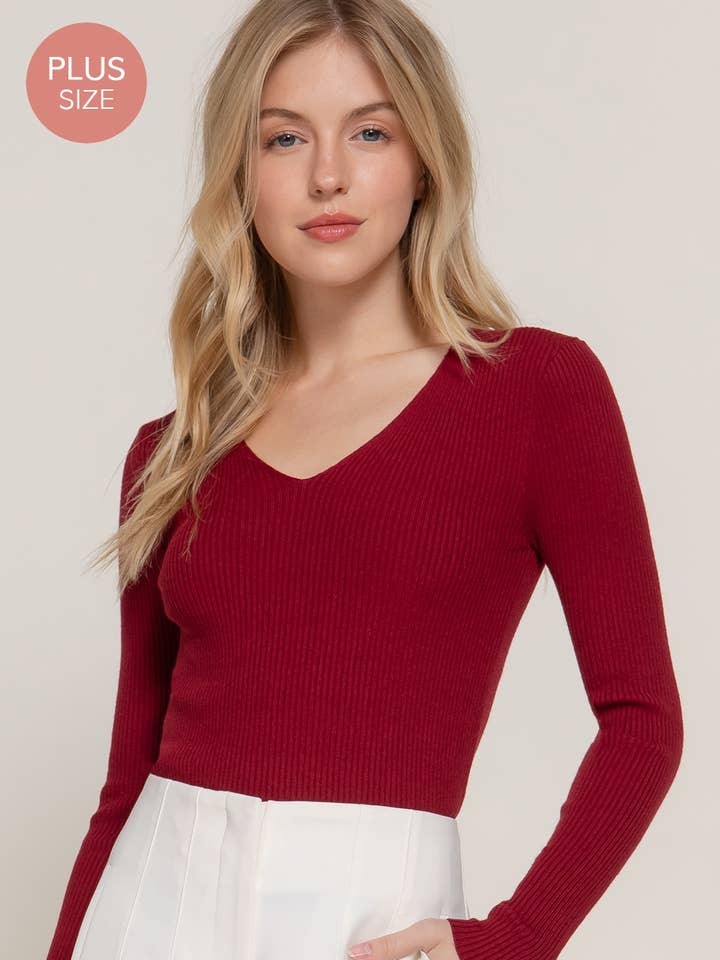 Active Basic | Active USA - Wholesale Knit Sweater - Women's - Long Sleeve V-neck Fitted Viscose Rib Sweater Top
