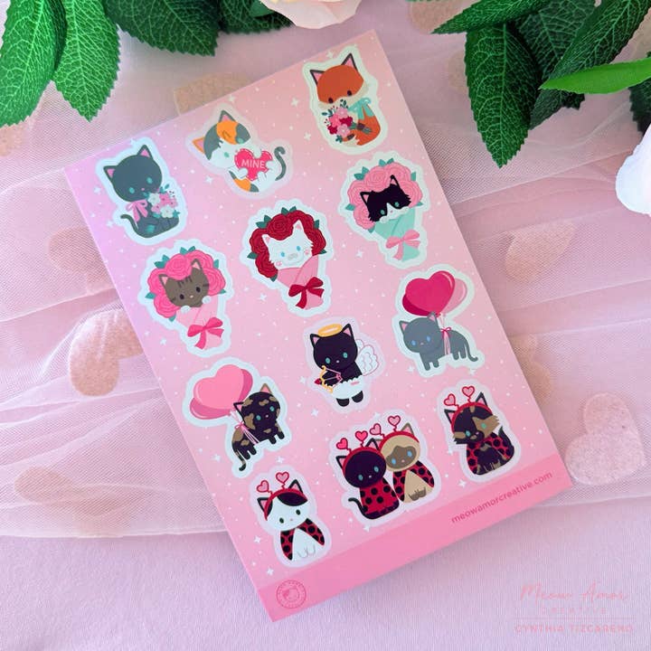 Meowlentine's Cats Vinyl Sticker Sheet for wholesale by Meow Amor Creative