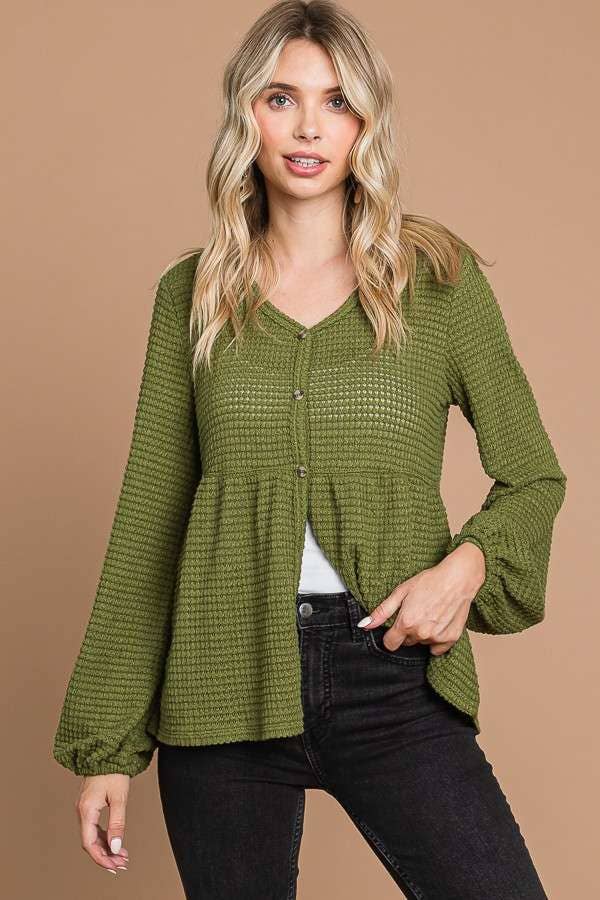 Culture Code - Wholesale Knit Top - Women's - CHT1821L - BUTTON DOWN RUCHING DETAIL LSLV TOP4