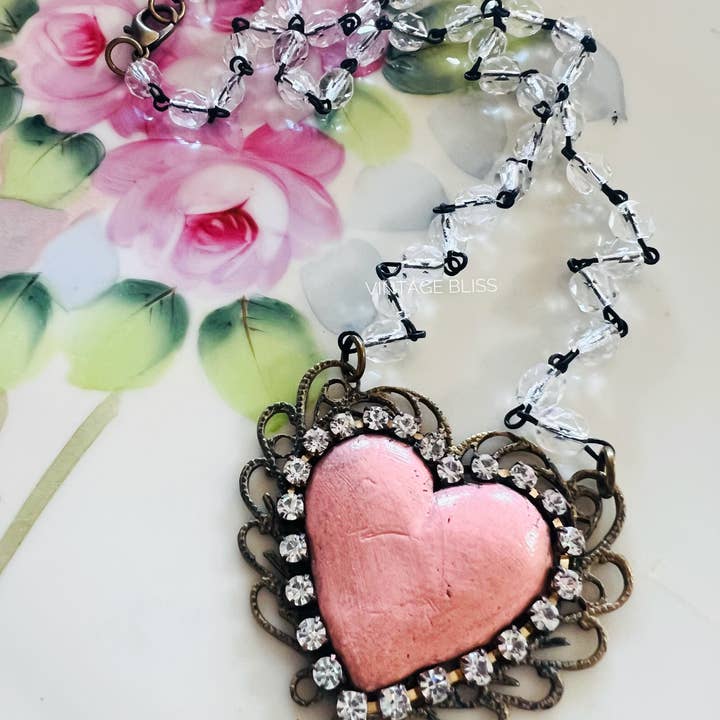 Vintage Bliss - Wholesale Pendant/Charm Necklace - Pink Distressed Clay Heart Filigree Necklace0