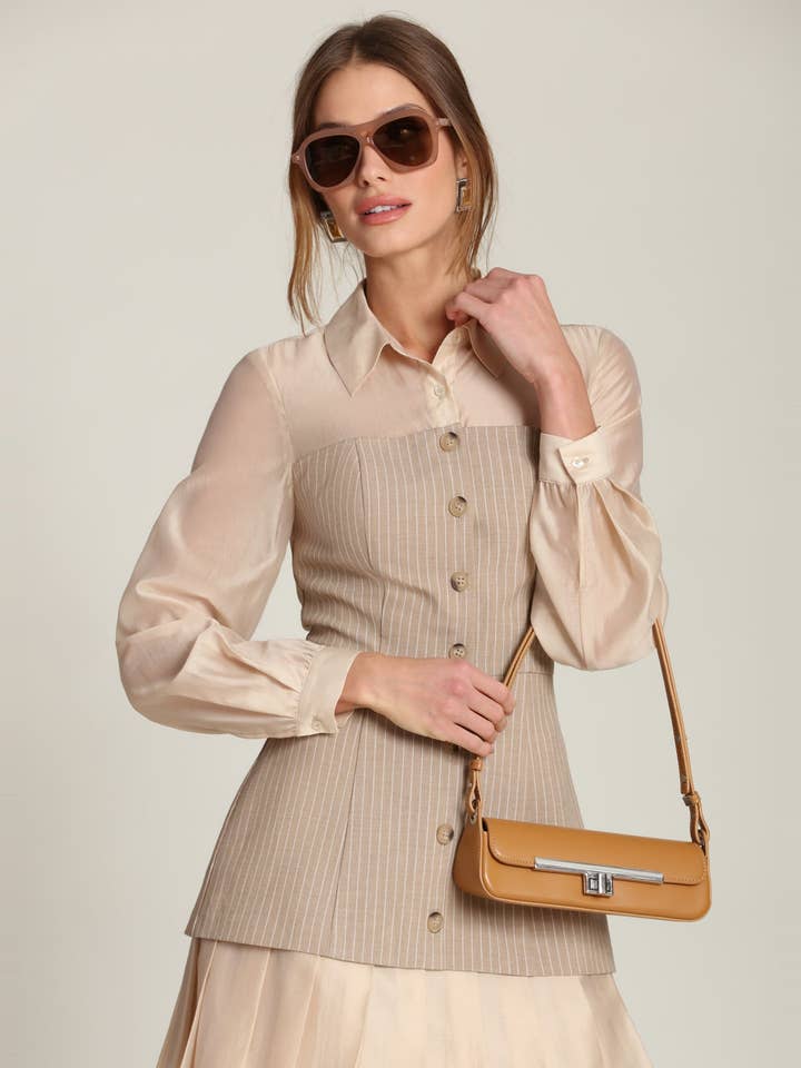 Pinstripe Organza Mixed Media Shirtdress for wholesale by Avec Les Filles