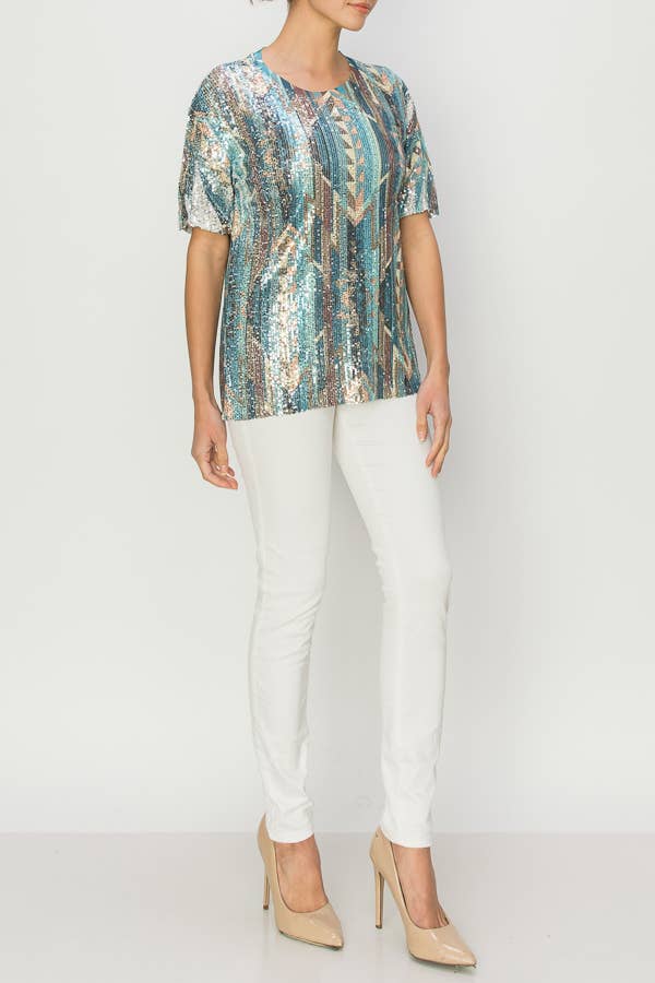 Origami Apparel ~  Lace and Crochet inspired - Wholesale Blouse - Women's - LINED ALL SEQUIN SHORT SLEEVE TOP-4638 SILVER TURQ GEO0