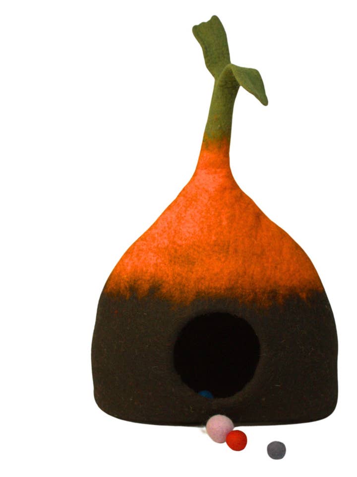 Hand-Felted Radish Tie-Dye Wool Cat Cave with Toy Balls for wholesale by Woollyfelt