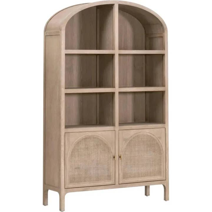Bibliothèque de rangement en bois style moderne avec devant en cannage pour la vente par LOOMLAN