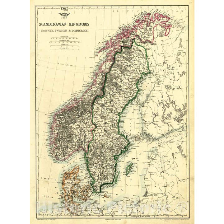 Carte des Royaumes Scandinaves 1862 Norvège, Suède, Danemark pour la vente par Historic Pictoric