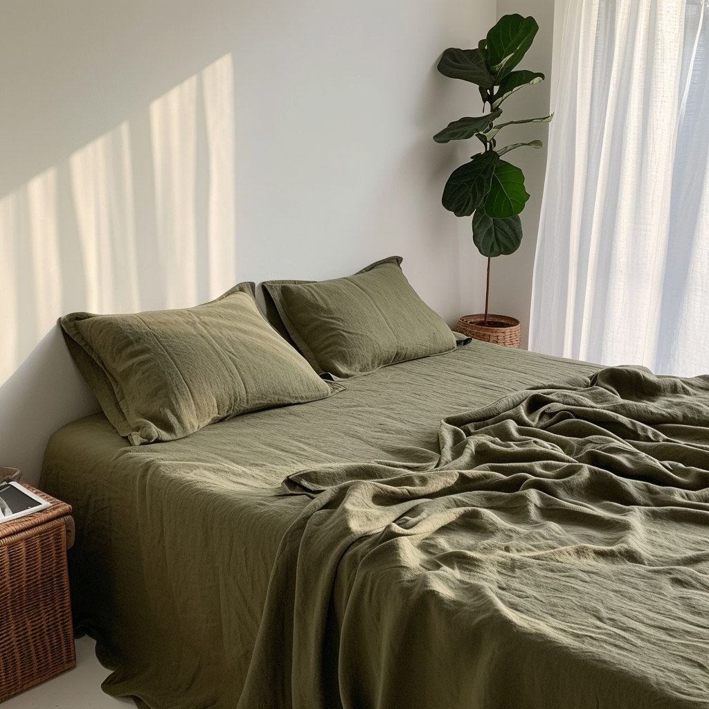 100% French Linen Sheet Set (4 pcs) - Olive Green  for wholesale on Faire0