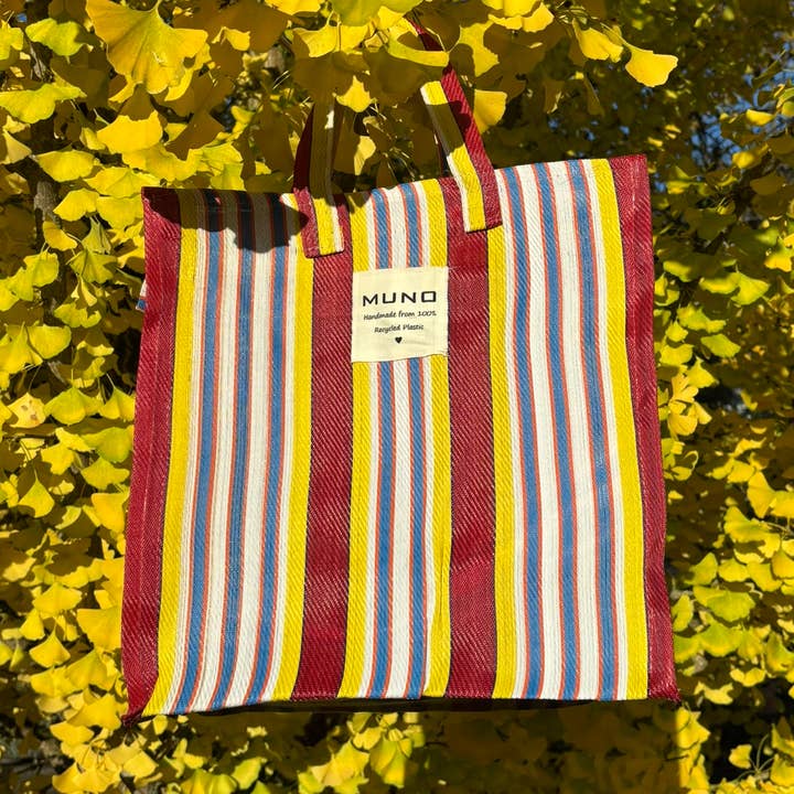 Handmade Recycled Nylon Shopping Bag -LightBlue,Red,Yellow for wholesale by Muno