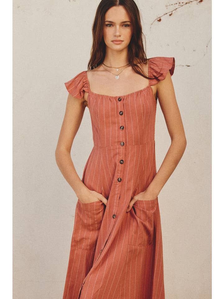RUST WHITE FD2891X Pinstripe Flutter Sleeve Midi Dress for wholesale on Faire