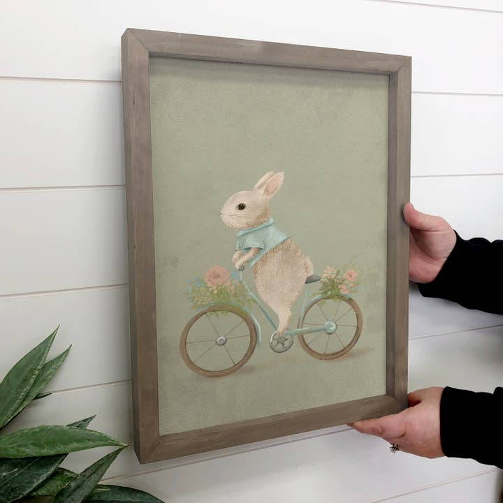 Bunny on a Bicycle - Vintage Animal Canvas Art & Wood Frame for wholesale by Hangout Home