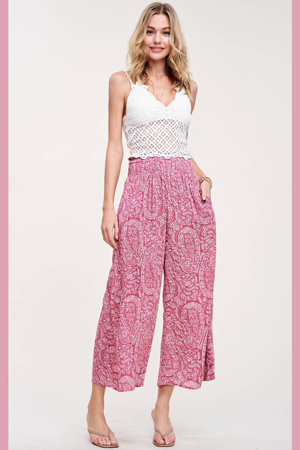La Miel - Wholesale Pants - Women's - JCP4225-Boho Paisley Print Wide Leg Flowy Pants with Pockets27