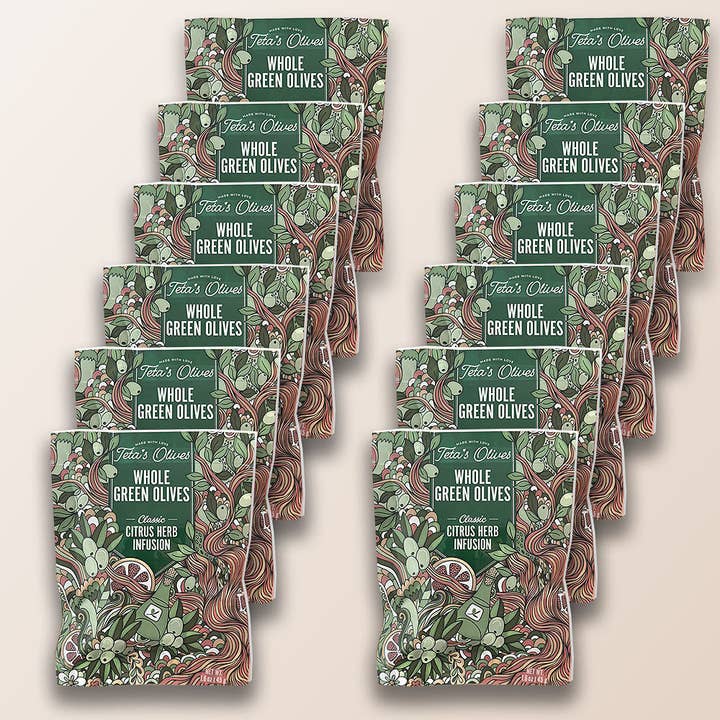 Cracked Green Olive Snacks, Citrus Herb (1.6oz, 12 Pack) for wholesale by Teta's Olives