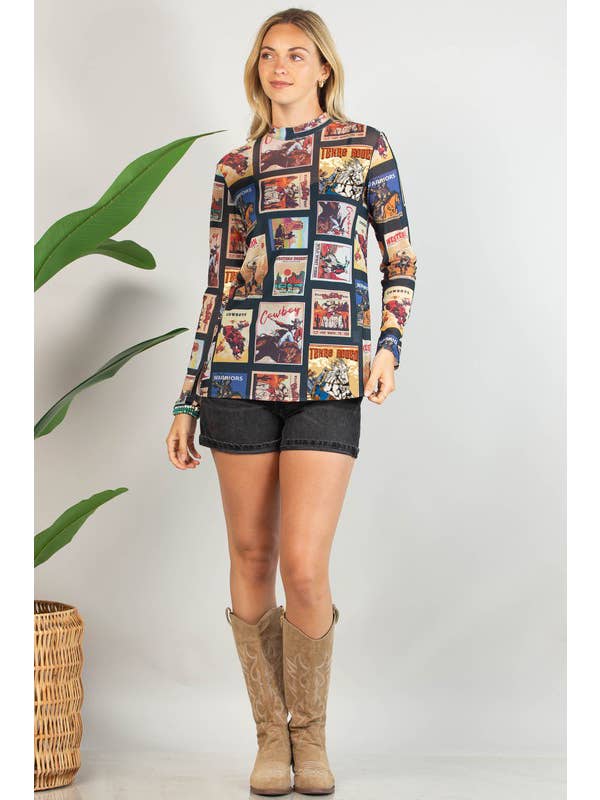 Multi Colored AV1230-ROBBIE VINTAGE WESTERN SEMI SHEER MESH TOP for wholesale on Faire