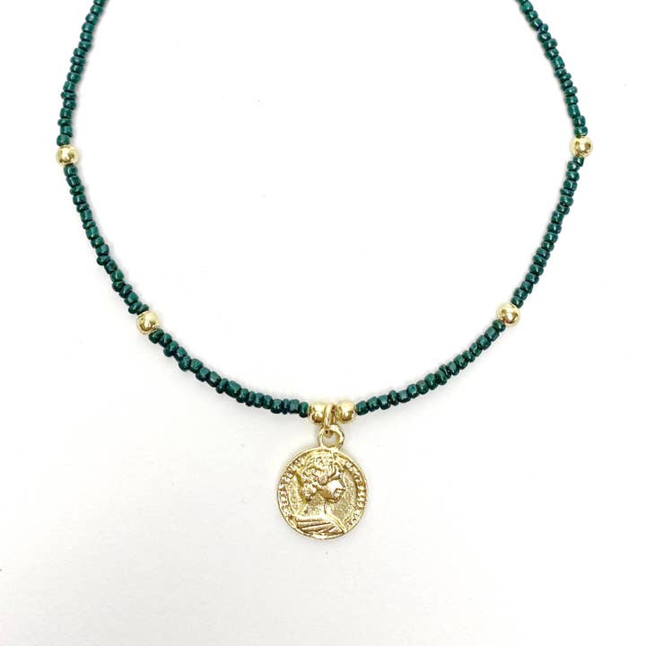 Dark Green Glass Bead Choker with Brass Coin Pendant- Pack o for wholesale by Global Crafts