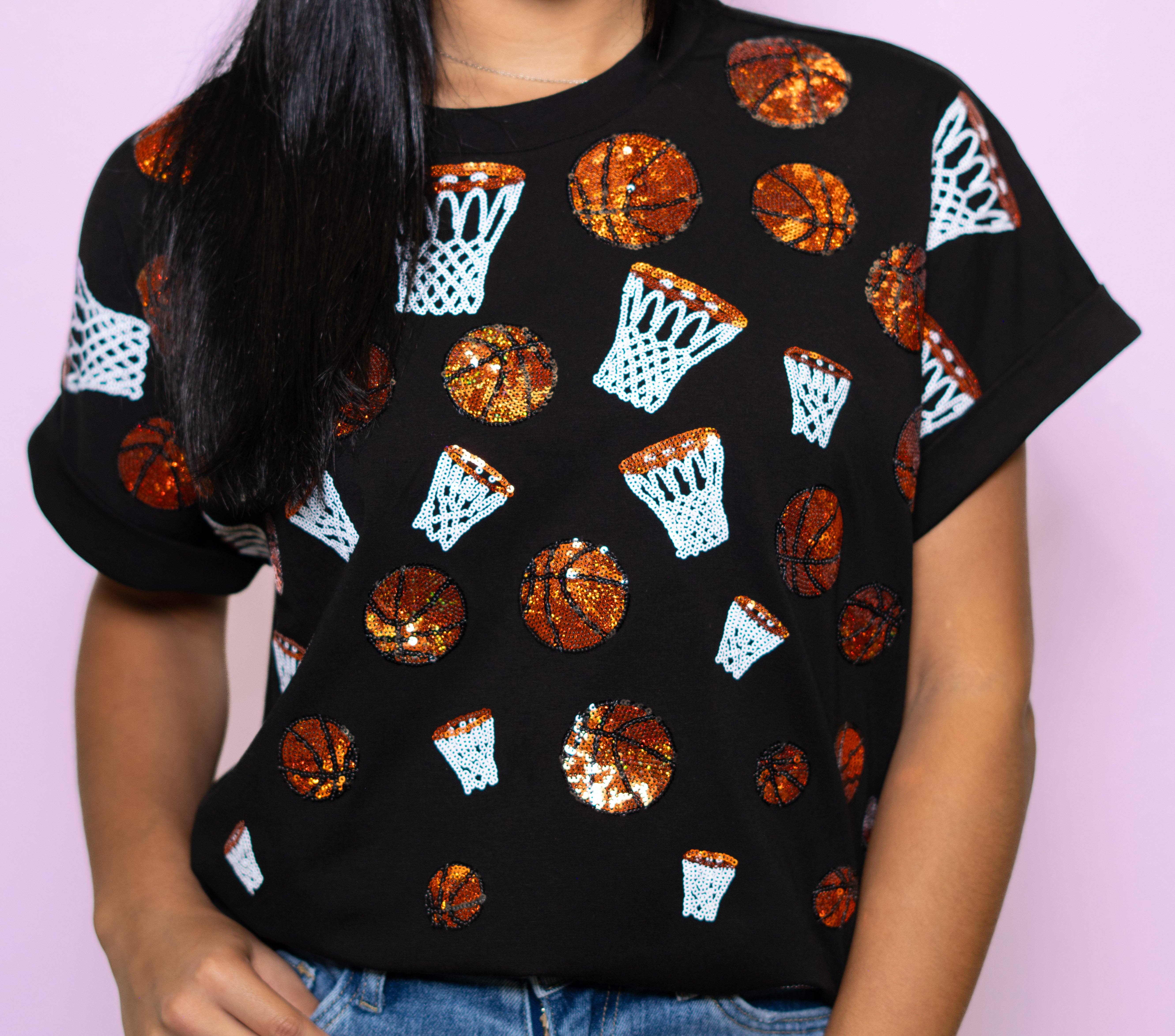 BOMB DESIGNS - Wholesale T-Shirt - Women's - Scattered Basketball | Sequin Design Cuff Sleeve (Black)3