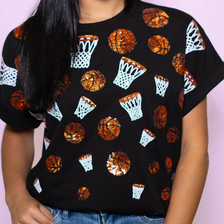 BOMB DESIGNS - Wholesale T-Shirt - Women's - Scattered Basketball | Sequin Design Cuff Sleeve (Black)3