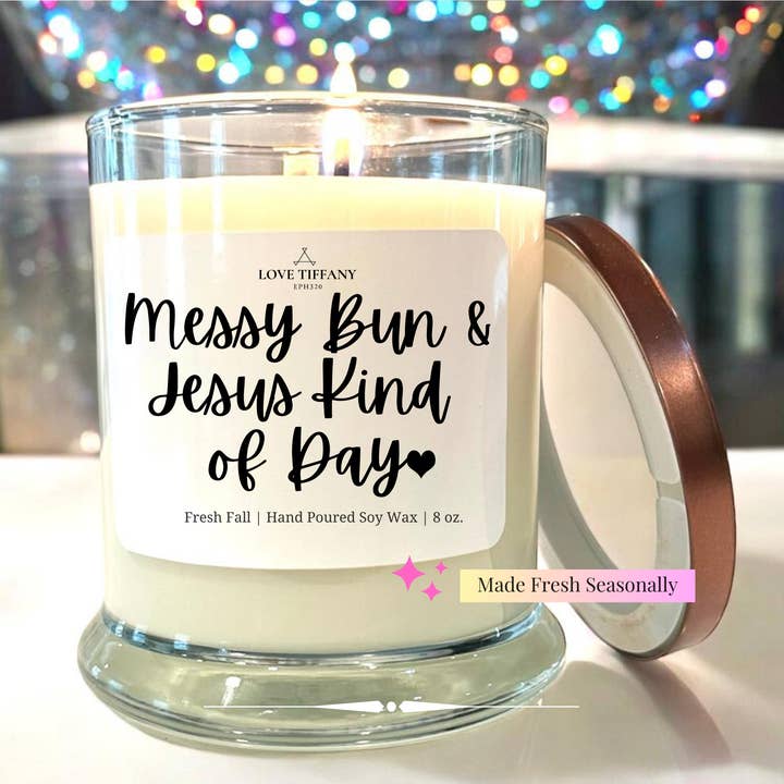 Messy Bun & Jesus Kind of Day - Bourbon Glass Soy Candle with Metal Lid for wholesale by LOVE TIFFANY