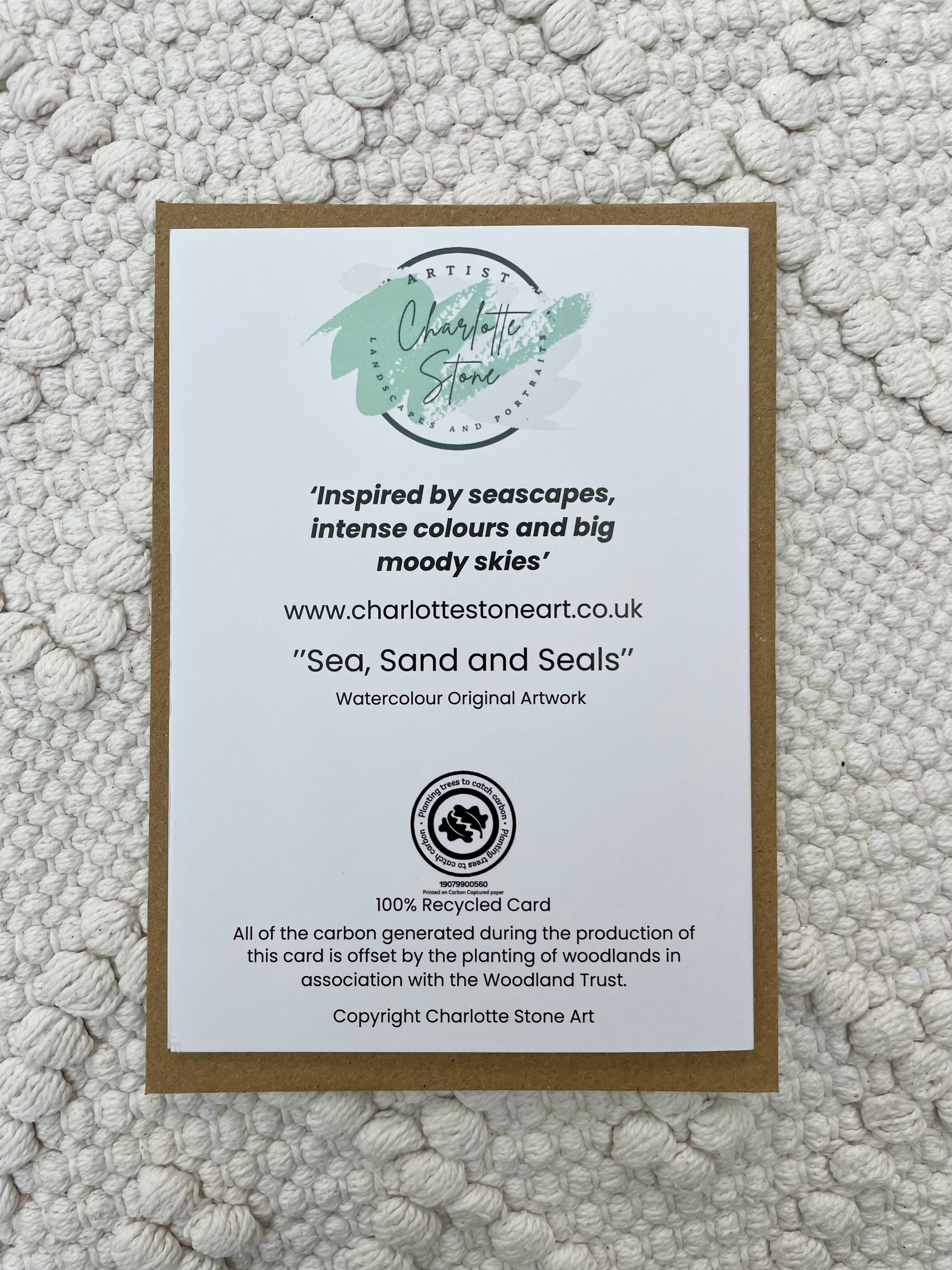 Charlotte Stone Art - Vente Carte de vœux classique - Carte de vœux écologique Mer Sable et Phoques - Art Couleur Côte Mer3