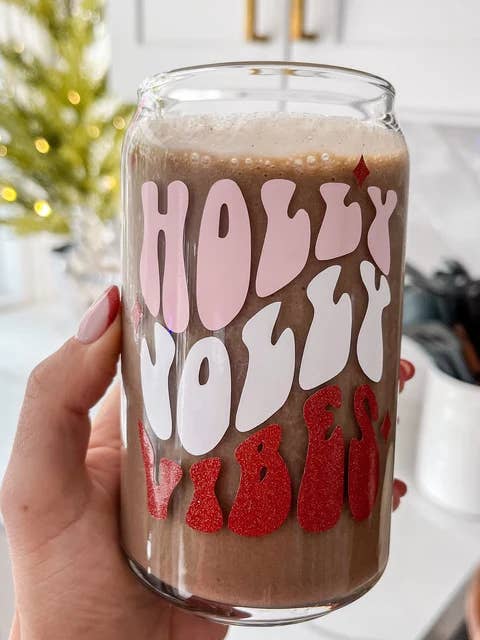 Holly Jolly Vibes Christmas Retro Coffee Beer Can Glass Mug for wholesale by Wild Souls Co