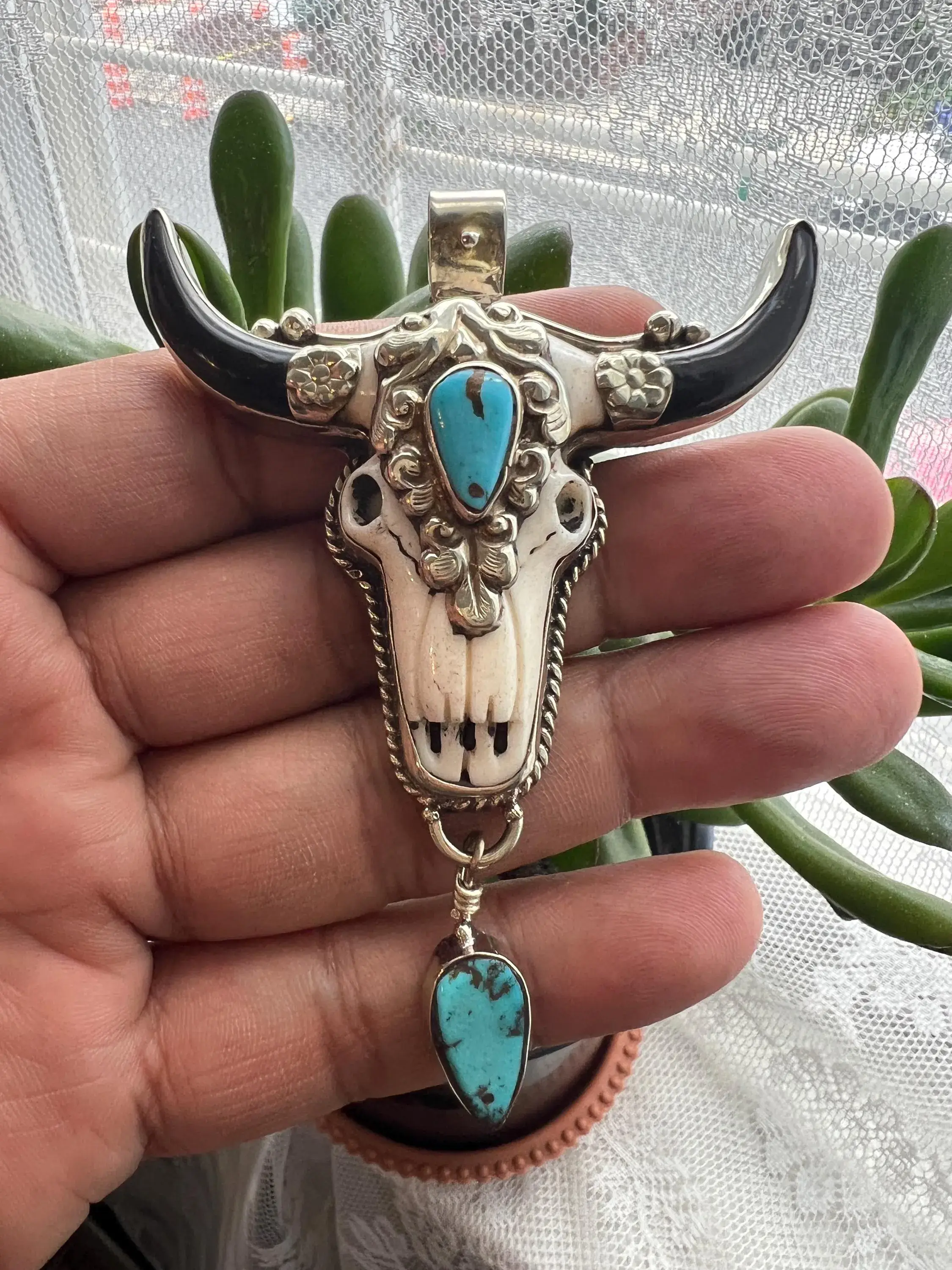 GTG Gems Corp - Wholesale Individual Charm/Pendant - Large Hand  Bone Carved Bull Head Pendant with  Turquoise0