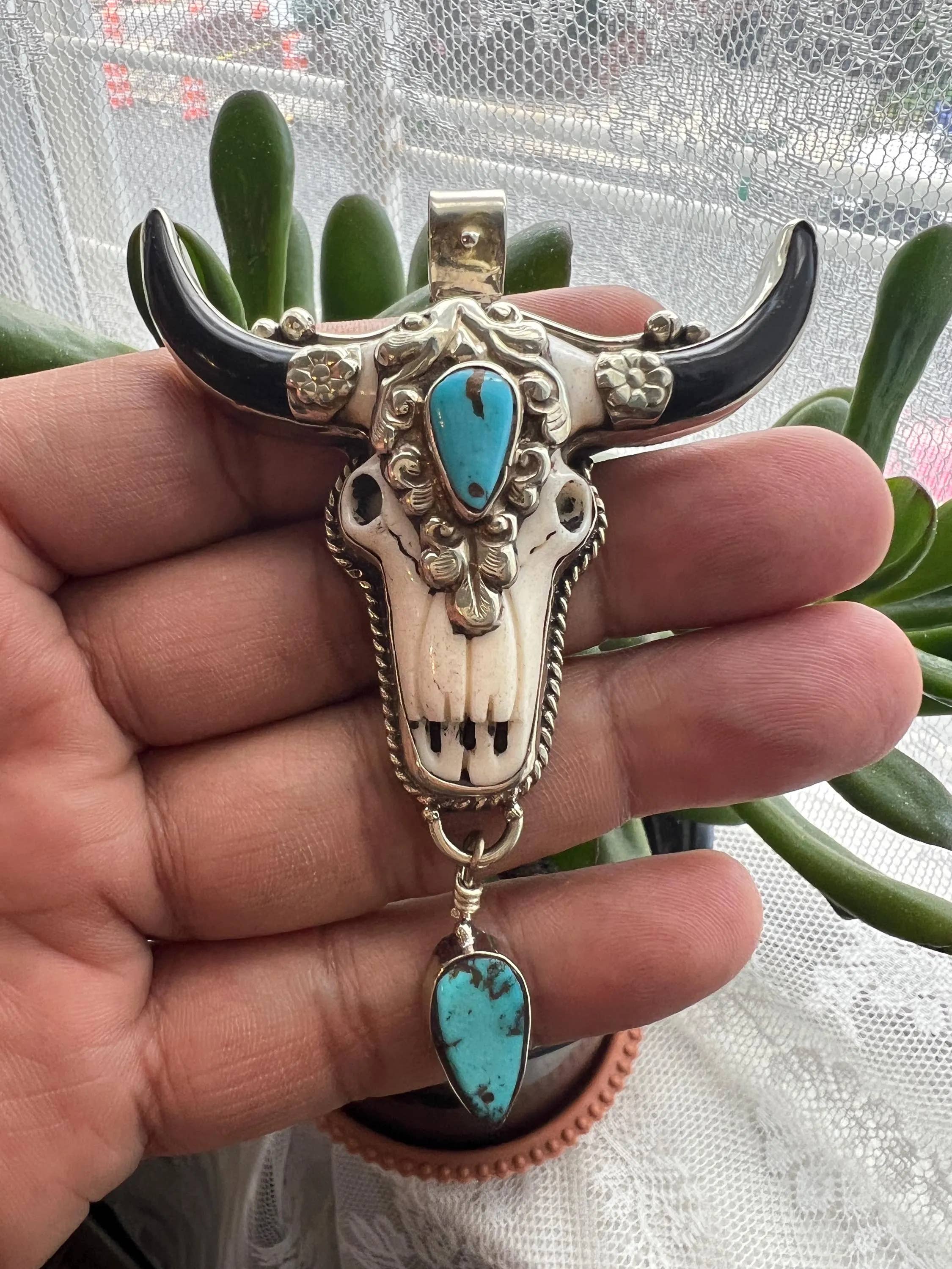 GTG Gems Corp - Wholesale Individual Charm/Pendant - Large Hand Bone Carved Bull Head Pendant with Turquoise
