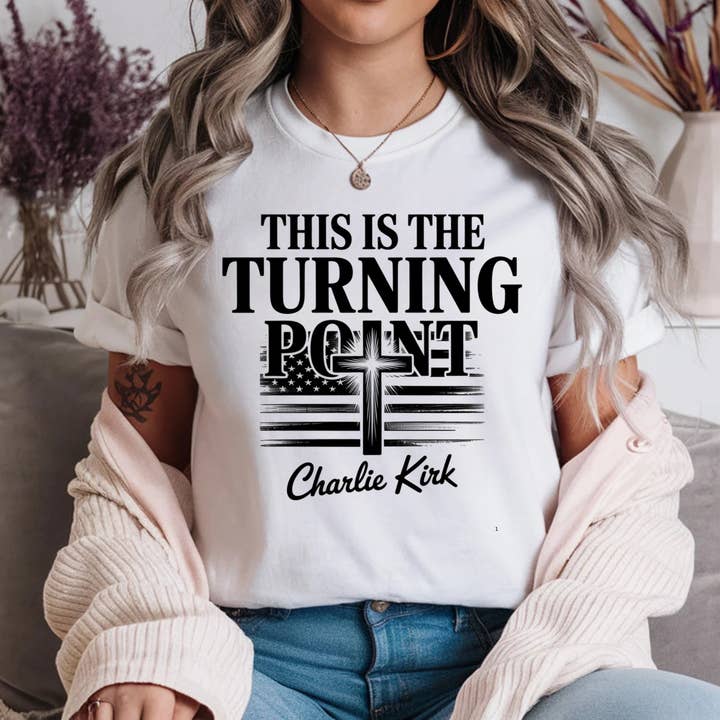 Charlie Kirk Turning Point DTF 13” Hot Peel Transfer  for wholesale by The Longhorn Hippie Co./Rustic Ink DTF Transfers