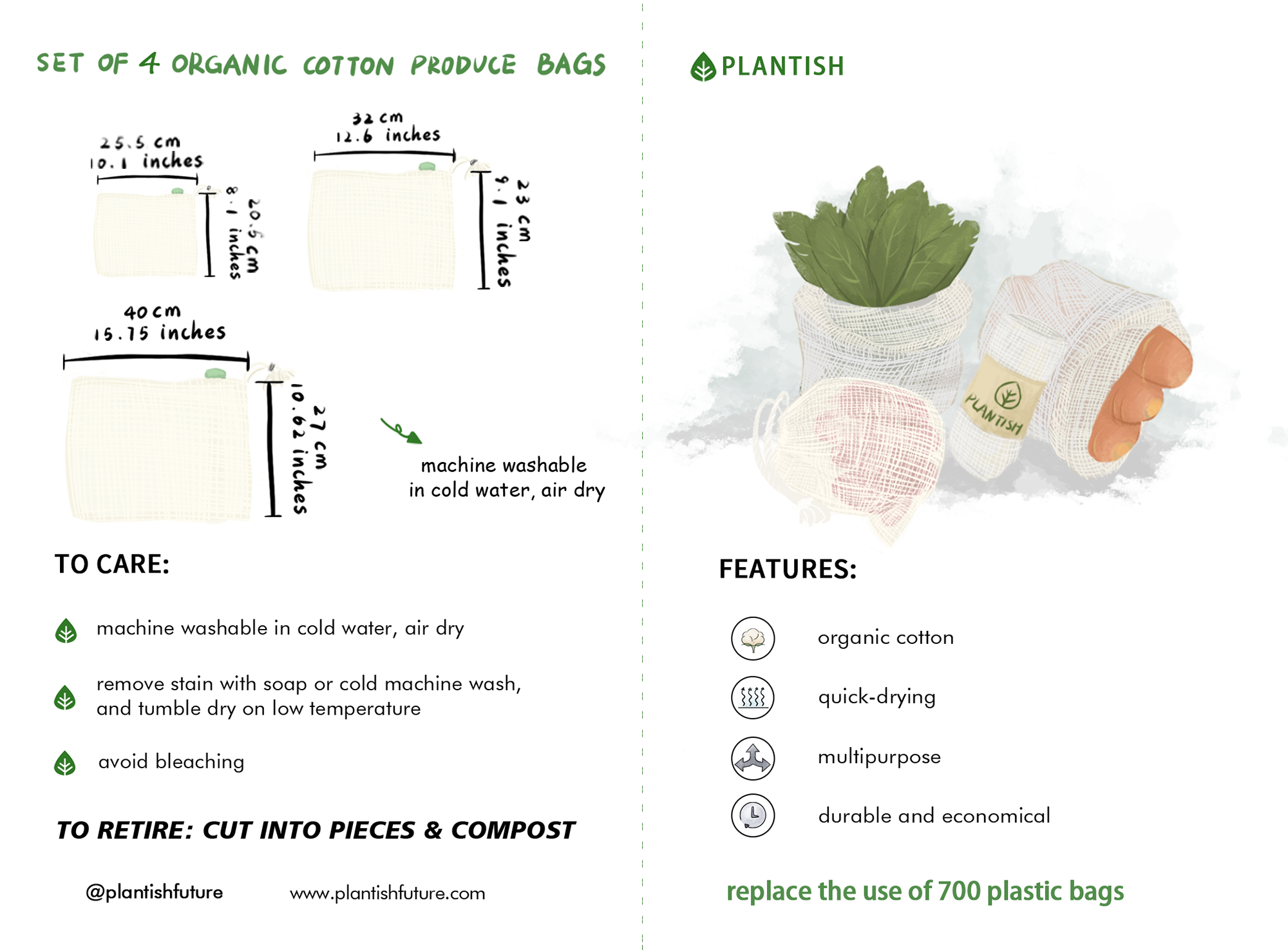 Plantish - Vente Sacs de course/à provisions - [ACHETER EN VRAC] Ensemble de 4 sacs à fruits et légumes en maille de coton biologique4