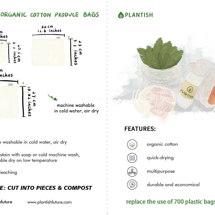 Plantish - Vente Sacs de course/à provisions - Ensemble de 4 sacs à fruits et légumes en maille de coton biologique5