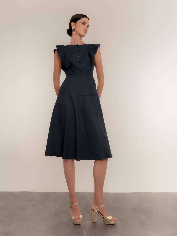 Sleeveless midi dress with square neckline on the back of for wholesale by Dolores Promesas