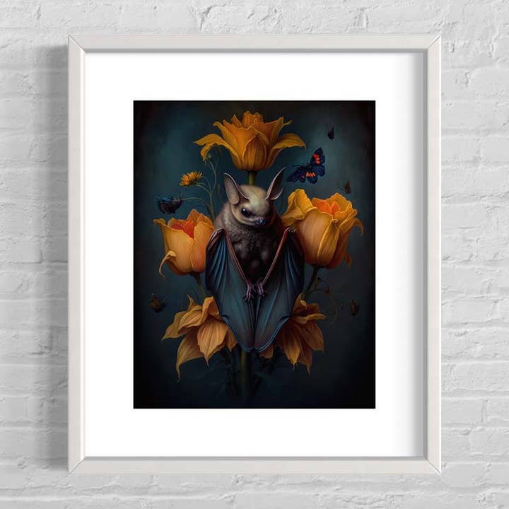 Salty Alyce - Vente Affiche d'art - Peinture murale vintage avec forme de chauve-souris et nature morte AS149