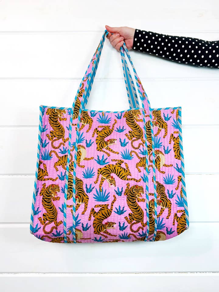 Quilted Tote Bag | Large Travel Bag | Pink Blue Tiger Print for wholesale by Folklore Couture