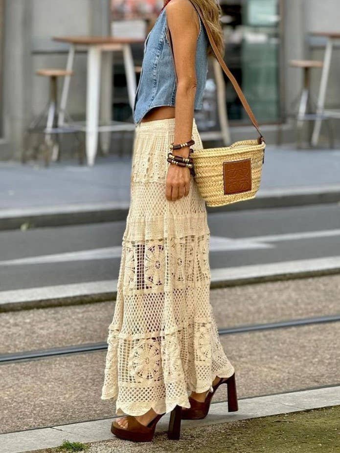 Rosa Clothing - Wholesale Skirt - Women's - Bohemia Lace Cut-Out Knitted Skirt
