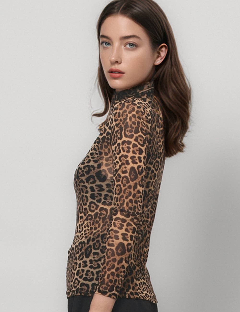 Dipped Shop - Wholesale Blouse - Women's - Leopard Print HIgh Collar Slim Fit Sexy Mesh Top DPT47962