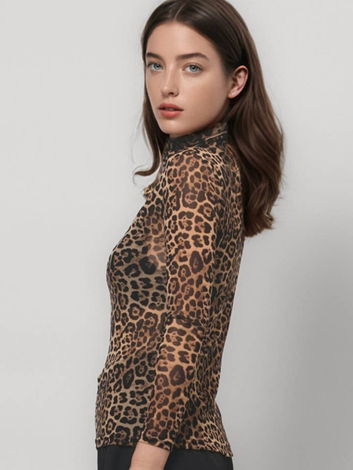 Dipped Shop - Wholesale Blouse - Women's - Leopard Print HIgh Collar Slim Fit Sexy Mesh Top DPT47962