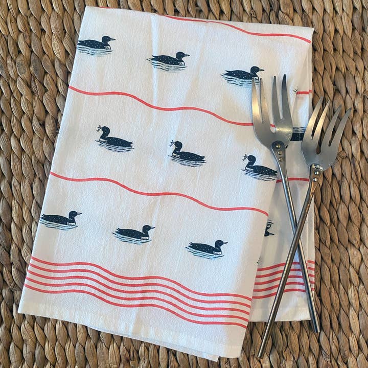 Swimming Loons with Red Waves Tea Towel | 27 x 27" for wholesale by Independent Puppy