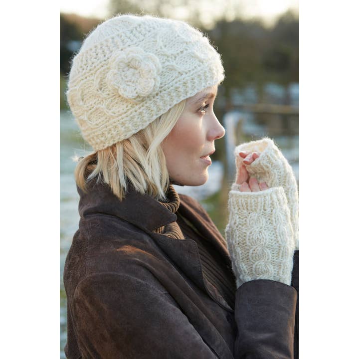 Chamonix - Cream Cable Knit Crocheted Flower Beanie Hat for wholesale on Faire2