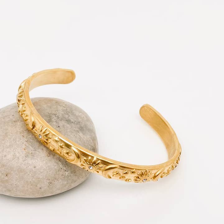Mio Queena - Wholesale Cuff Bracelet - 18K Gold Plated Stainless Steel Star Moon Sun Cuff - FGS/MS