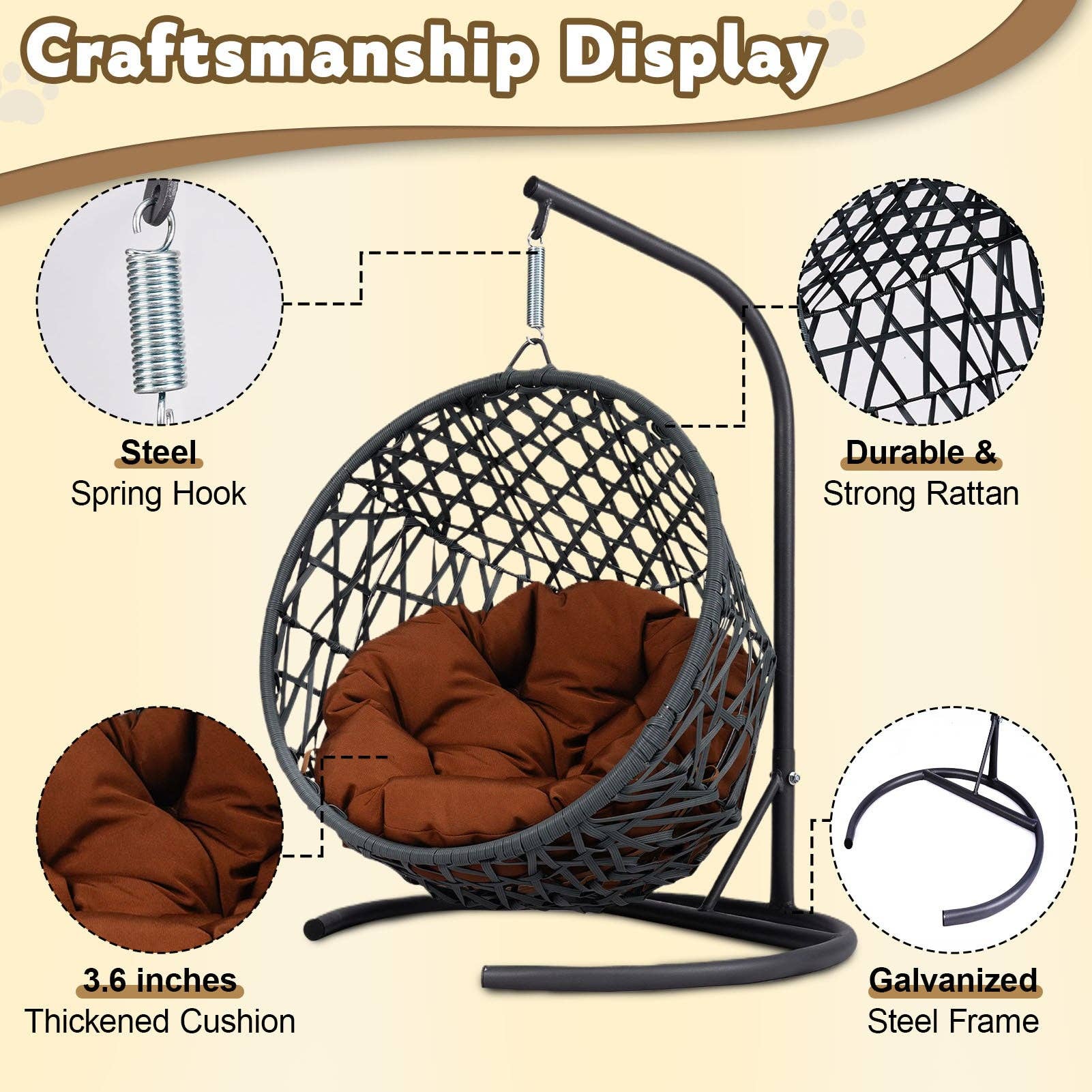 39F Inc. - Wholesale Pet Bed - Cat/Dog - Cat Swing Bed with Stand & Cushion, Rattan Egg Chair, Brown3