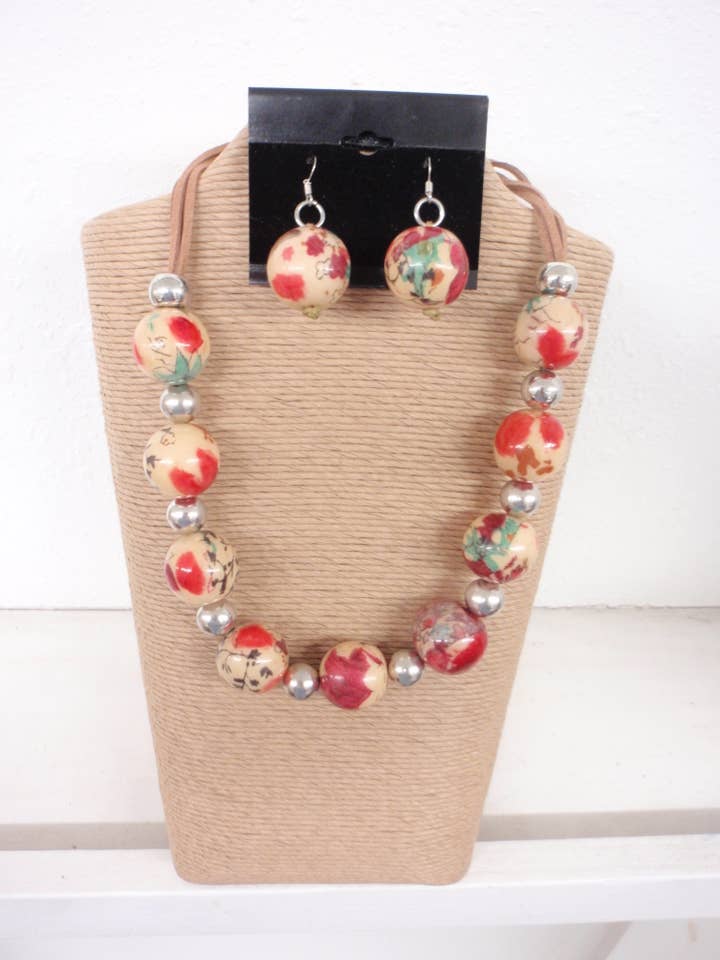 MARBLEIZED ROUND WOOD BEADS SINGLE STRAND NECKLACE SET for wholesale by International Duru's