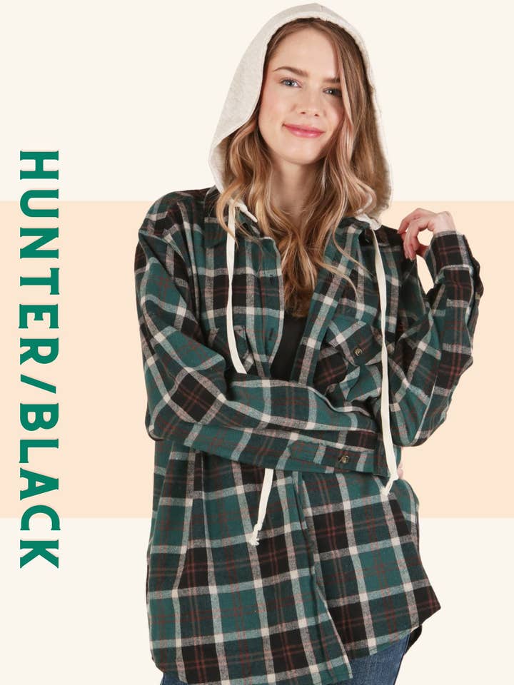 Plaid Hoodie Shacket - Detachable Hoodie for wholesale by P.S Kate