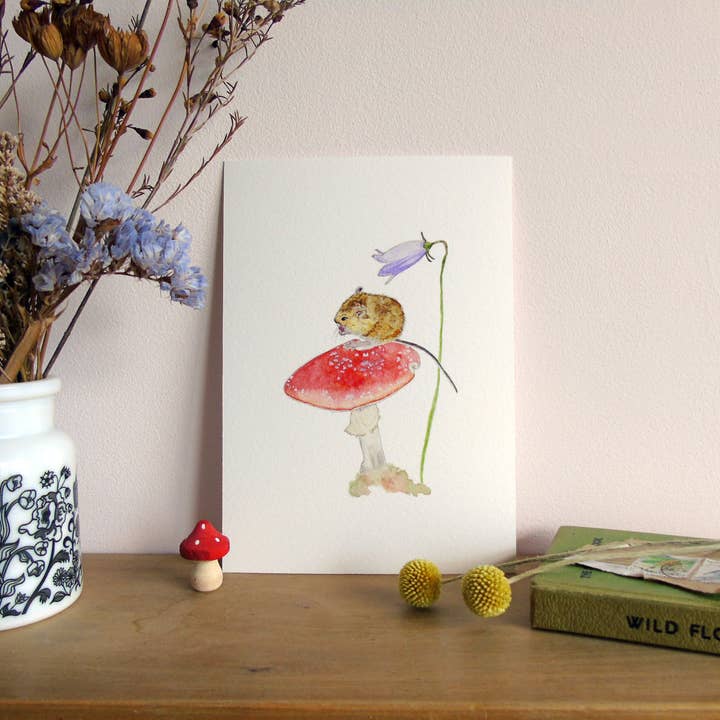 Field mouse on Toadstool A5 Giclée Fine Art Print for wholesale by Littlebirdy Designs