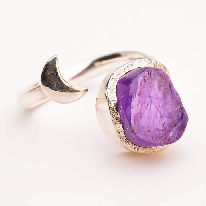 Amethyst Raw Stone Adjustable Ring, Silver - Erin for wholesale by Koko