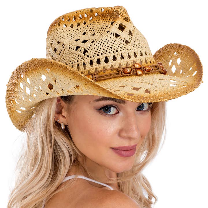 Cap Zone - Vente Chapeau de paille – femme - Chapeau de cowboy vintage en crochet brûlé légèrement perlé