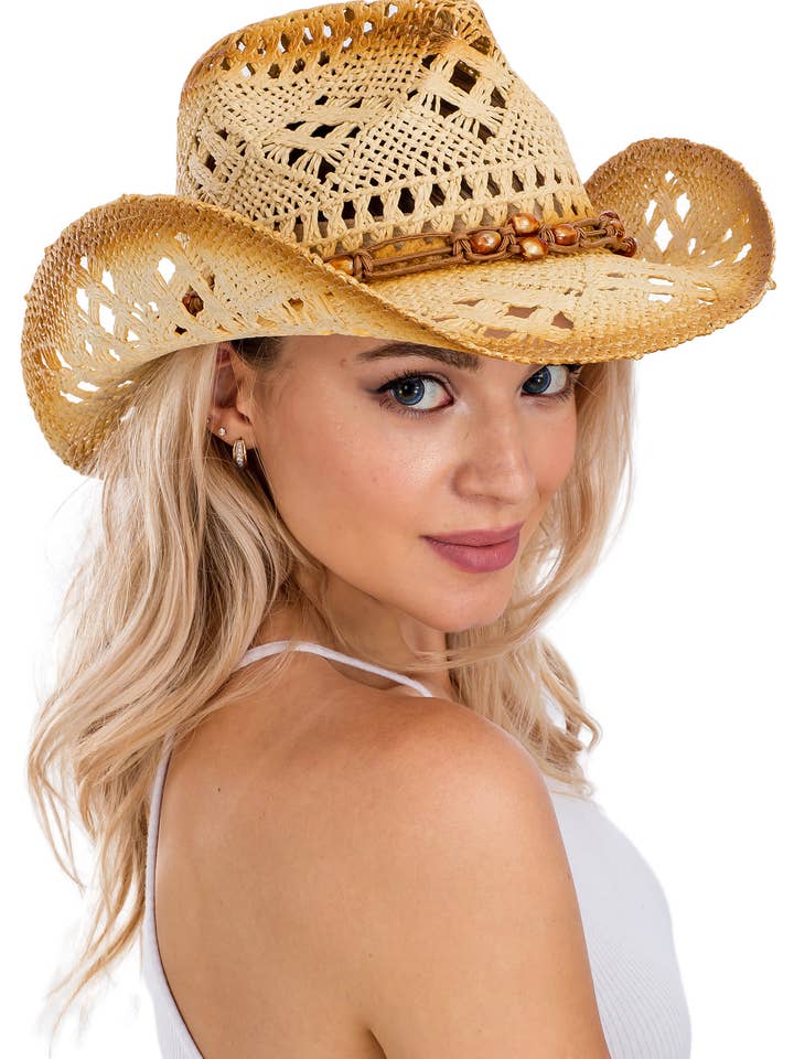 Lightly Beaded Vintage Burnt Crochet Straw Cowboy Hat for wholesale by Cap Zone