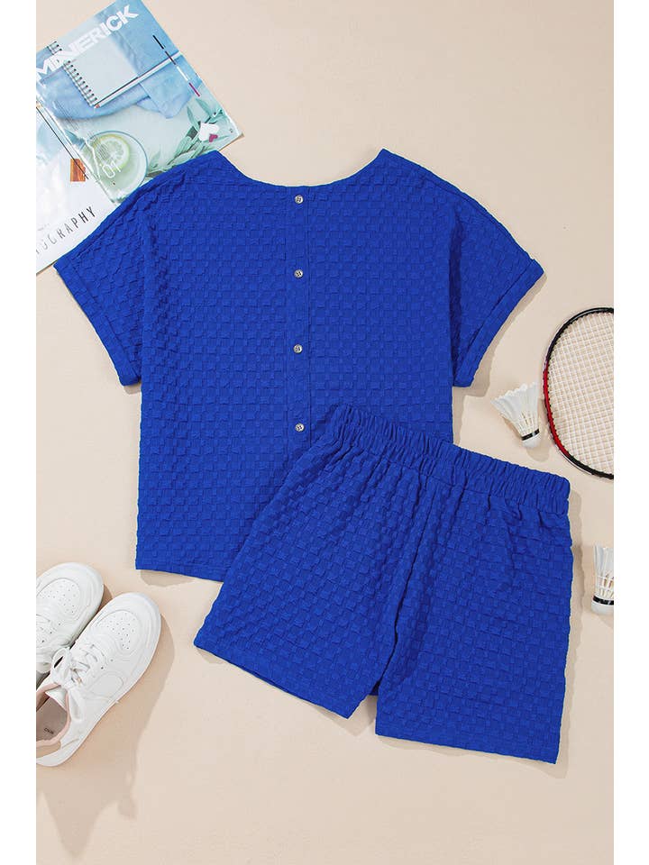 Blue Sequined USA Bowknot Buttoned Back Textured Short Set for wholesale on Faire